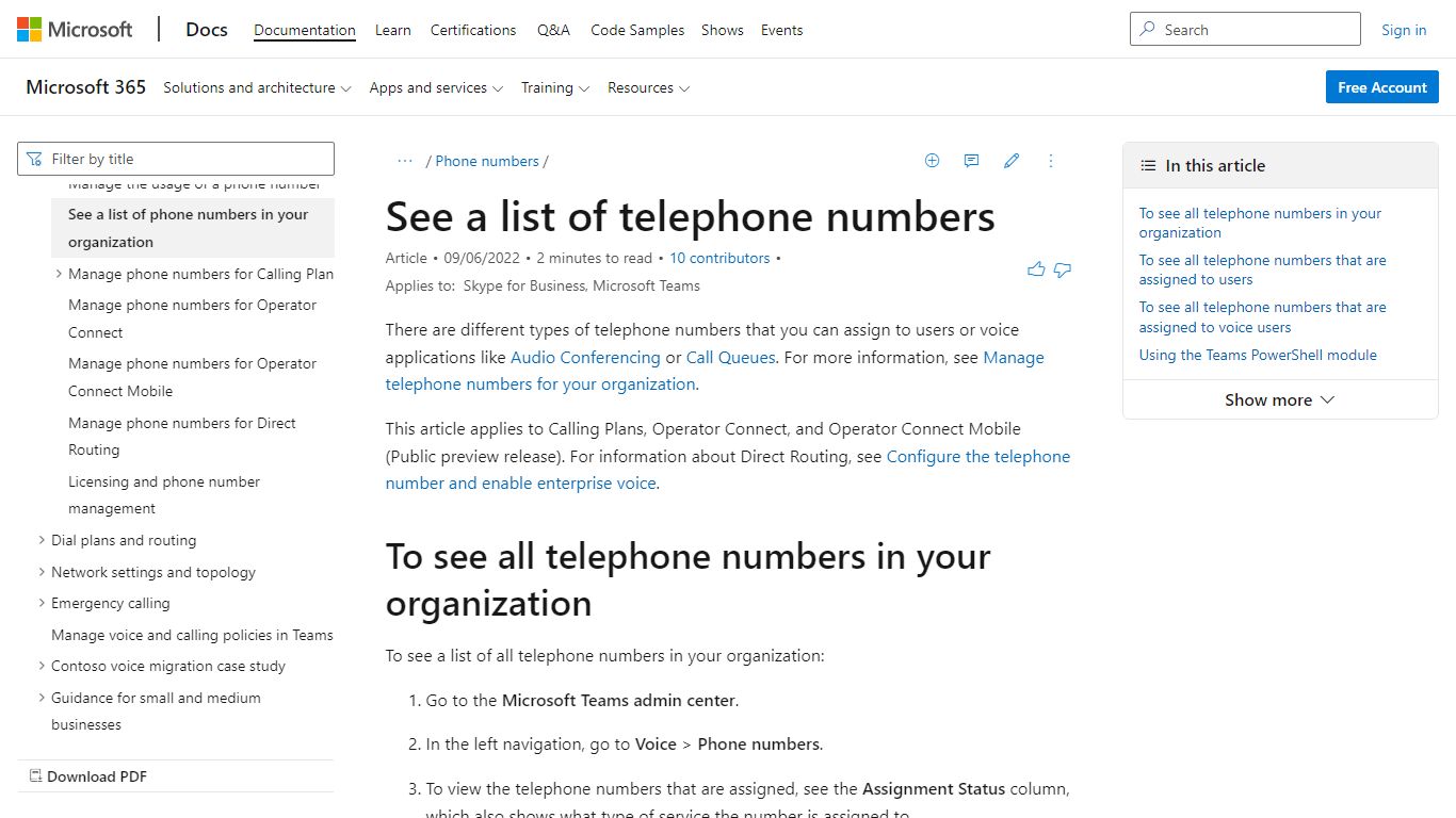 See a list of telephone numbers in your organization - Microsoft Teams